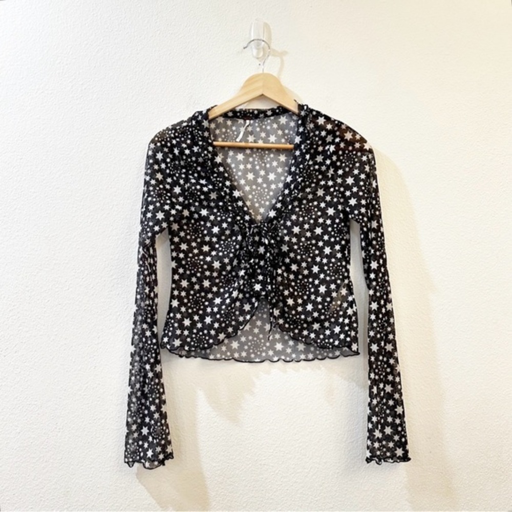 Free People Marne Star Print Sheer Mesh‎ Tie Front Coquette Blouse Top Size S - Picture 2 of 13